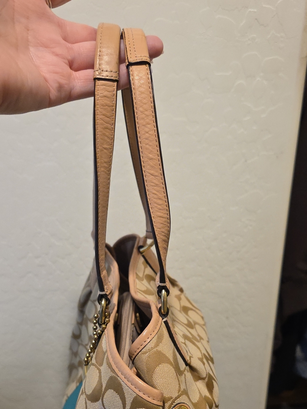 Coach Tan Signature Canvas Tote with Teal Center Stripe - Picture 16 of 16